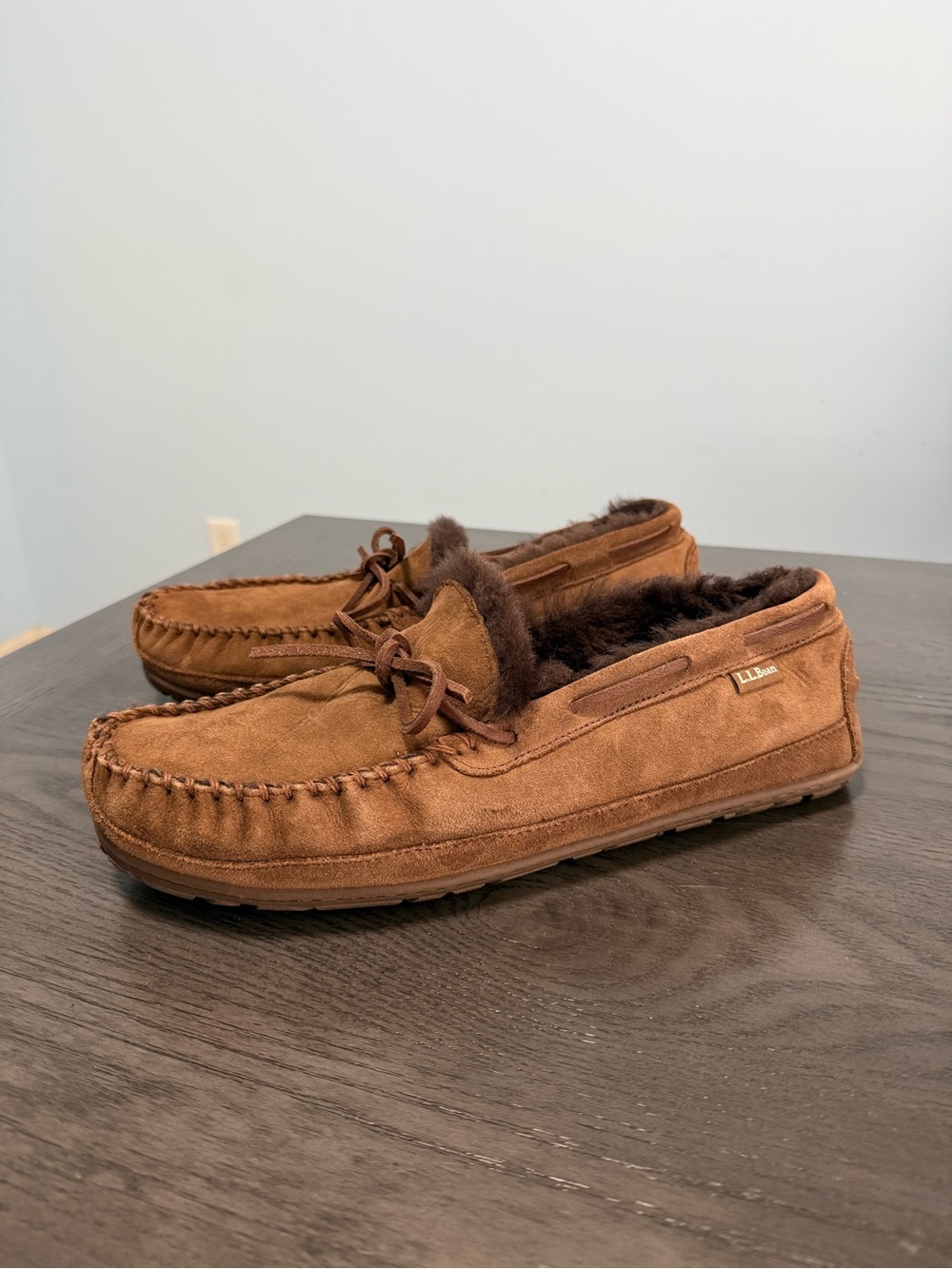 L.L.Bean Wicked Good Moccasin Slippers Men’s 13 D Brown Suede Shearling